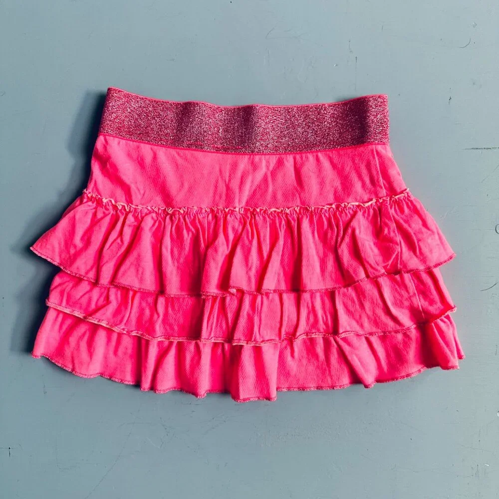 Justice Girls Size 8 Pink Ruffle Skort Sparkle Waist Tiered Skirt Shorts
